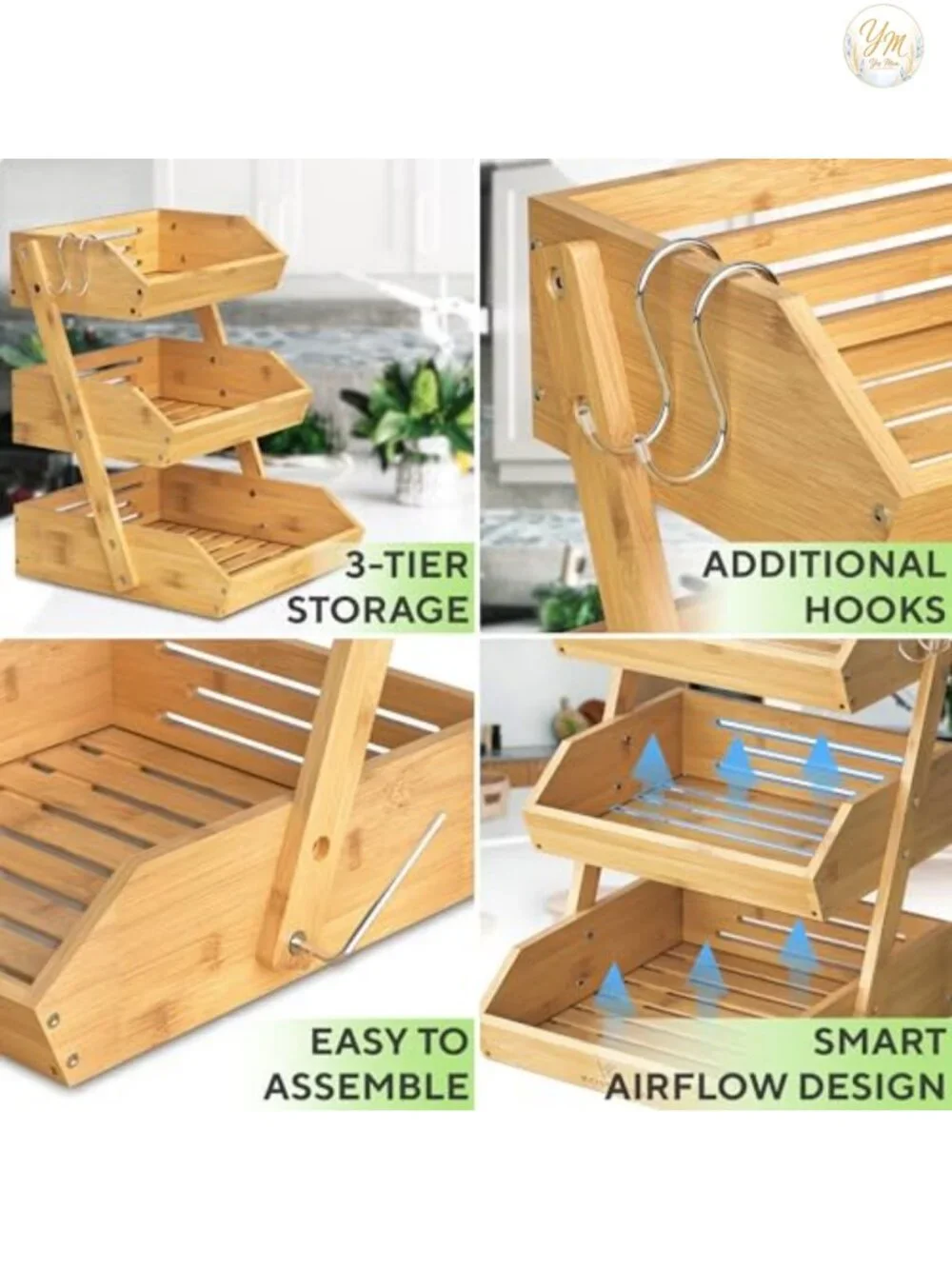 3 Tier Bamboo Fruit Basket with Wood Stand, Kitchen Counter Organizer